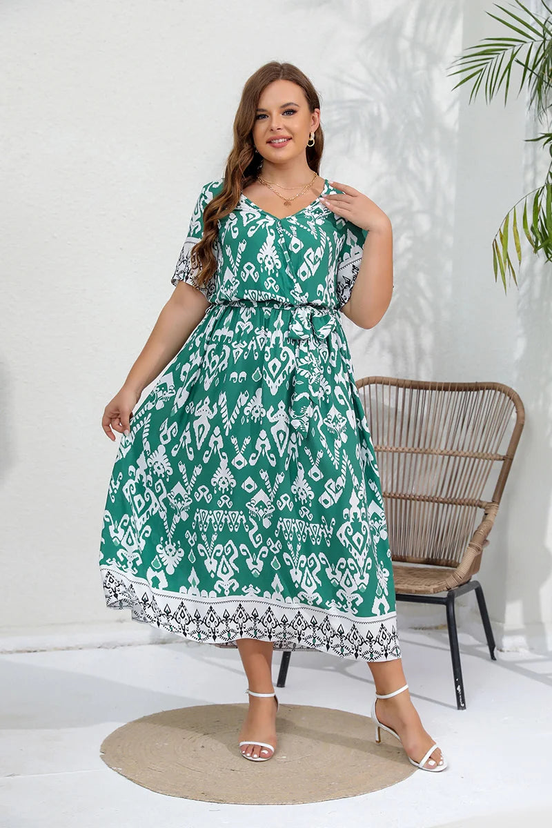 GIBSIE Plus Size Ethnic Print Belted Maxi Dress Women 2024 Spring Summer Short Sleeve Holiday Boho Beach Elastic A-Line Dresses