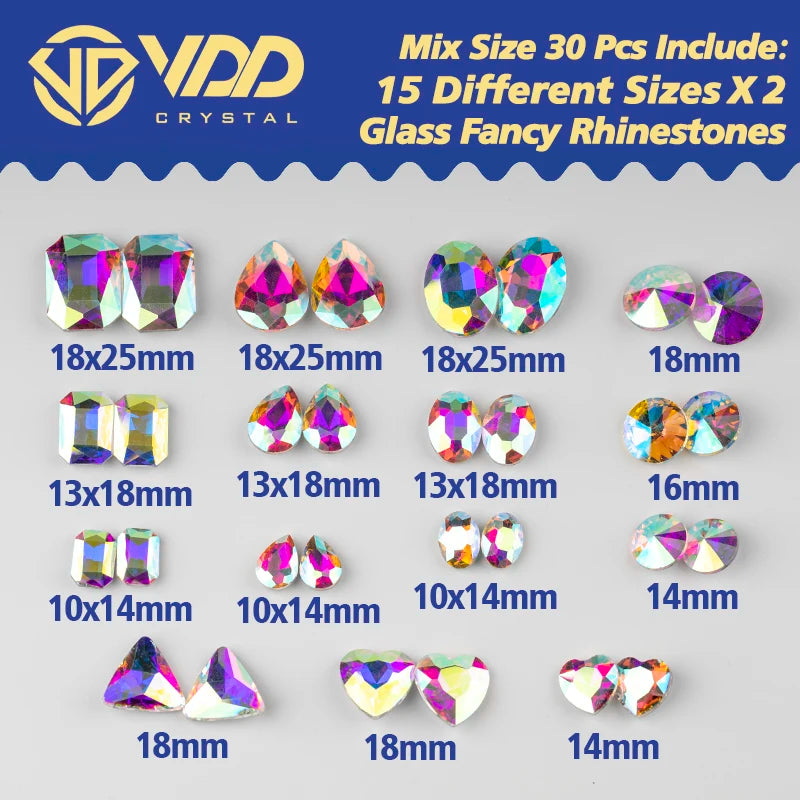 VDD Mix Size Shape Glass Fancy Rhinestones Crystal Pointback Strass Glitter Shiny 3D Stones For Nail Art DIY Crafts Decorations