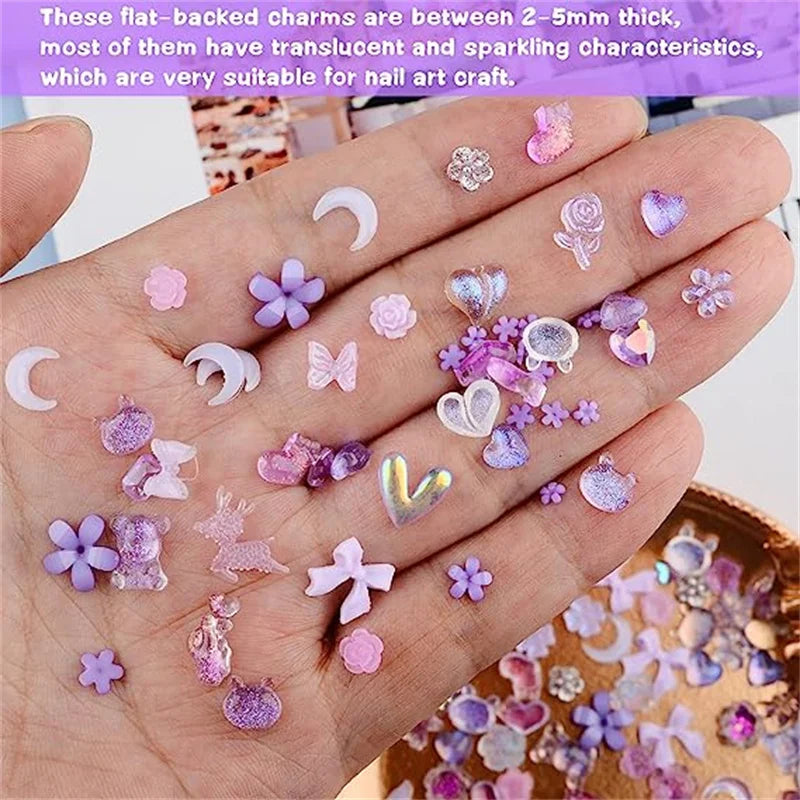 50PCS Mixed Kawaii Resin Nail Art Charms 3D Flower Bow Animals Rhinestones Nail Decorations DIY Manicure Professional Supplies