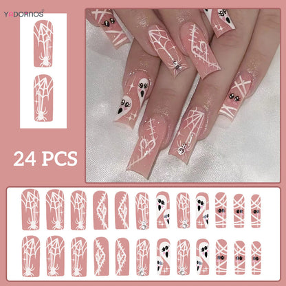 Halloween Pink Press on Fake Nails Long Coffin Square Head False Nails White Ghost Spider Web Designs Women Full Cover Nail Tips