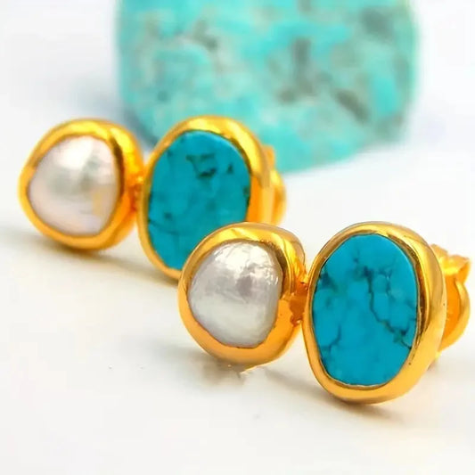 Vintage Gold Color Blue Stone Imitation Pearl Earrings Bohemian Metal Stud Earrings for Women Jewelry