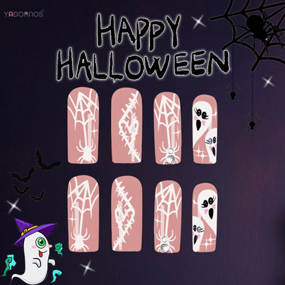 Halloween Pink Press on Fake Nails Long Coffin Square Head False Nails White Ghost Spider Web Designs Women Full Cover Nail Tips