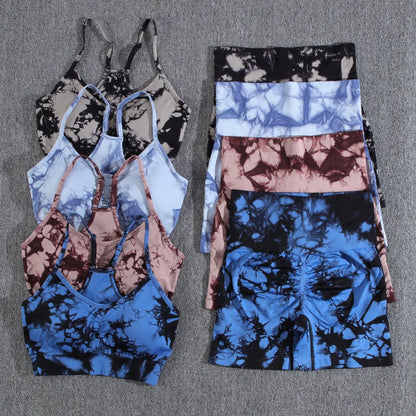 Tie Dye Summer Gym Fitness Shorts Sets Seamless Contrast Color Casual High Waist 2PCS