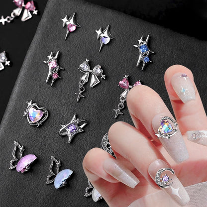 5/10Pcs Manicure Metal Silver Pink Blue Purple Heart Butterfly Rhinestones 3D Nail Decorations DIY Nail Art Charms Accessories