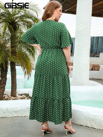 GIBSIE Plus Size Polka Dot V-Neck Butterfly Sleeve Dress Women Summer 2024 Holiday Beach Vintage Ruffle Hem Maxi Long Dresses