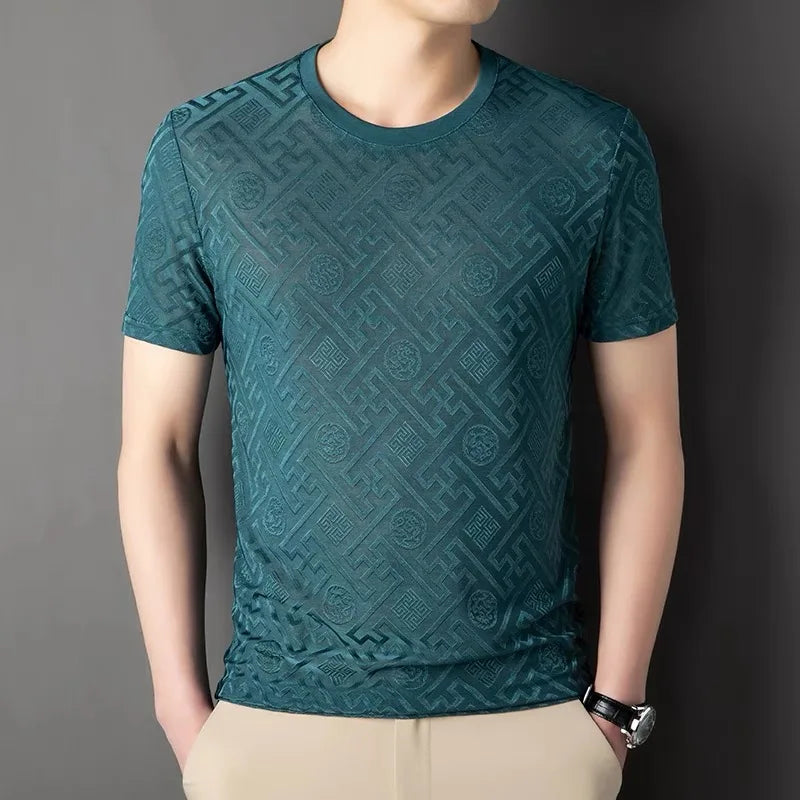 Summer fashion brand high-quality short sleeve men's round neck top exquisite jacquard design comfortable casual T-shirt