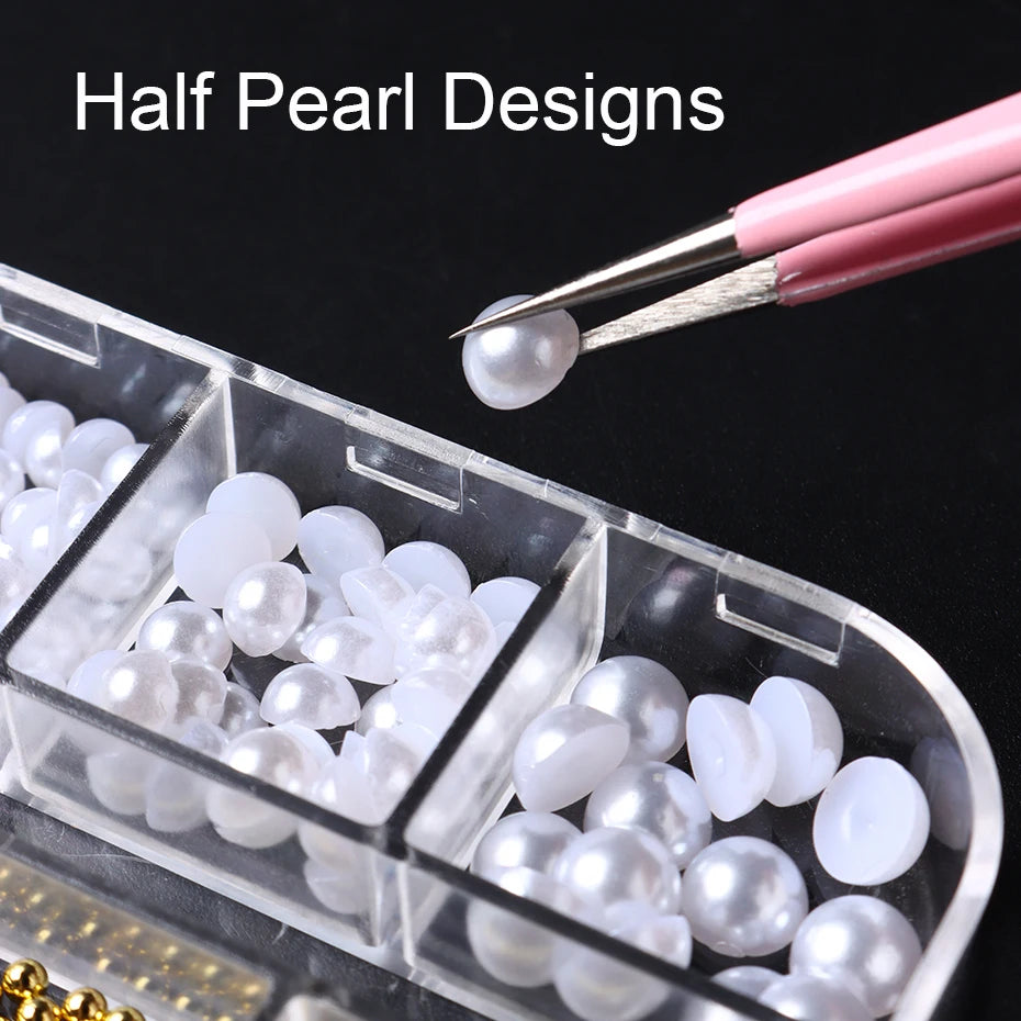 3D White Pearl Nail Art Decoration Gold Silver Beads Half Pearl Nail Charms Parts Summer Design DIY Jewelry Manicure Accessories