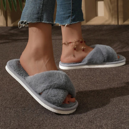 CrissCross Band Plush House Slippers for Women Open Toe Soft Sole Fuzzy Home Shoes Woman Winter Cozy Warm Indoor Floor Slippers