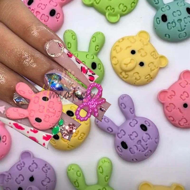 10PCS Cute Dopamine Wearing Resin Cartoon Rabbit Handmade Bear Kawaii Accessories Manicure Tool Acrylic Press On Nails