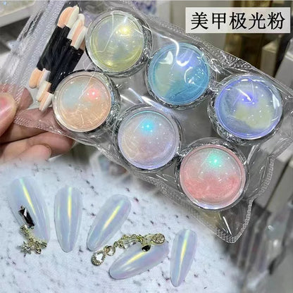 6pcs/Set Aurora Mermaid Nail Powder Holographic Chameleon Chrome Nail Glitter Pearlescent Fine Pigment Dust DIY Nail Supplies