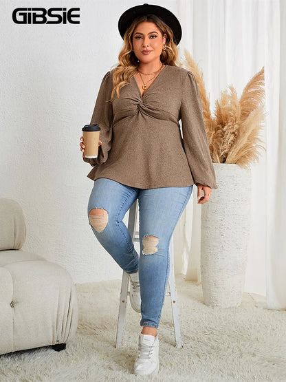 GIBSIE Plus Size Casual V Neck Twist Front Peplum Top Women Fashion 2023 Autumn New Vintage Full Lantern Sleeve Tunic Blouse