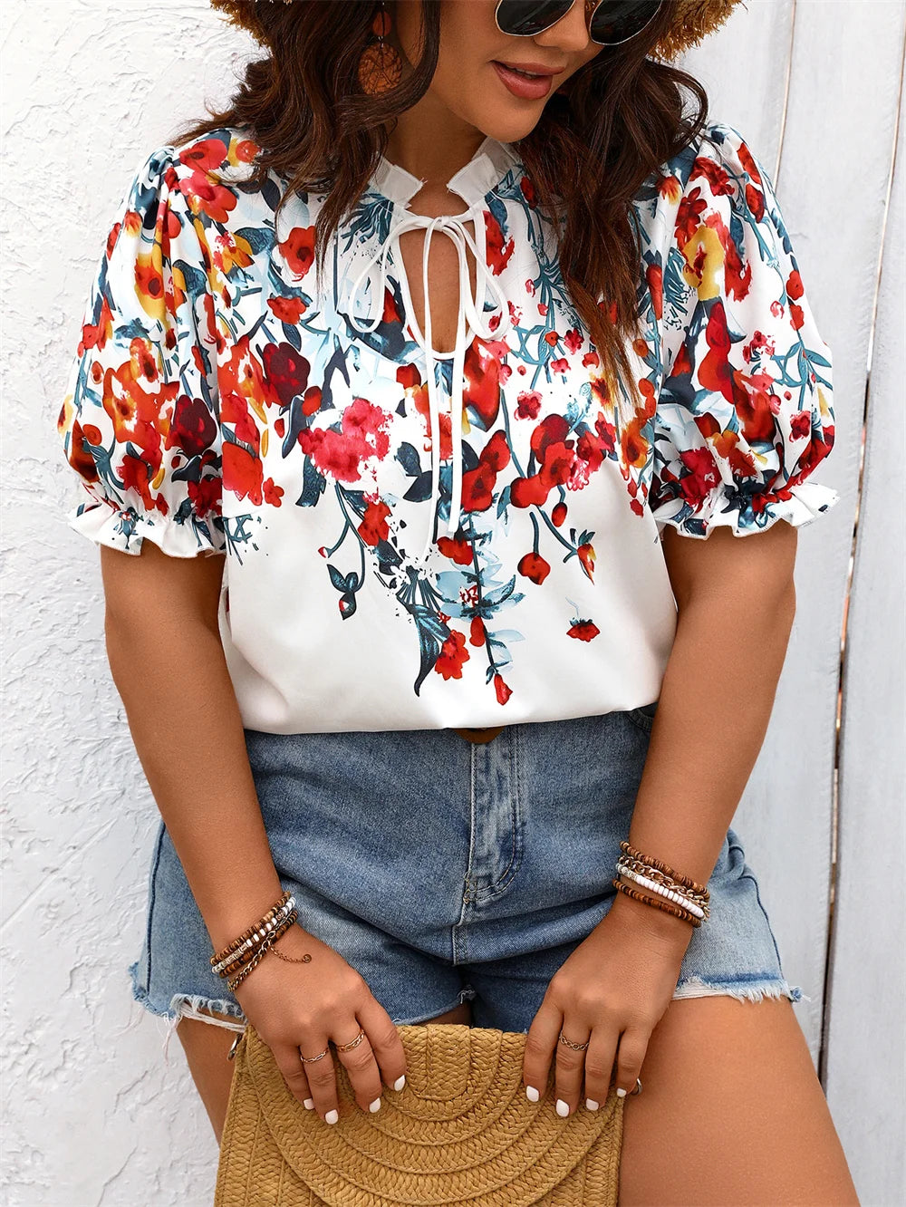 GIBSIE Plus Size Floral Print Tie Neck Puff Sleeve Tops Women 2024 New Summer Holiday Boho Casual Loose Female Blouses Shirts