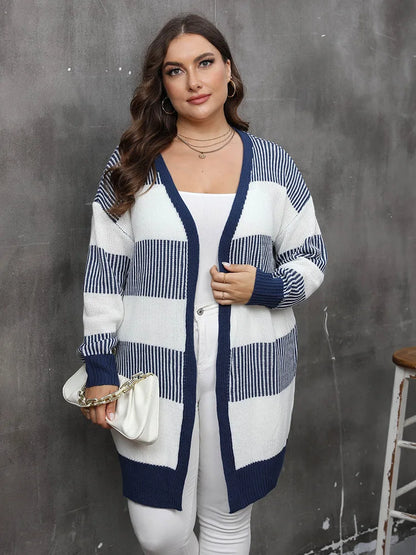 GIBSIE Plus Size Women's Cardigan Contrasting Color Striped Open Front Knitted Sweater Fall Winter Casual Long Cardigan Coat