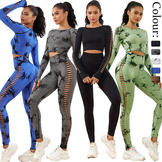 CHRLEISURE Sexy Tie Dye High Waist Sets for Women 2 Pieces High Waist Hollow Out Pants Sets Woman Seamless Running Sport Pants