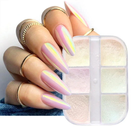 6 Grids Nail Glitter Aurora Mirror Powder  Pearl Shell Rubbing Pigment Soap Sparkly Charm Nails Art Design Accessory LA1909-12