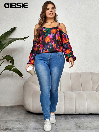 GIBSIE Plus Size Cold Shoulder V Neck Long Sleeve Print Blouses Women Fashion 2023 Spring Fall Sweet Casual Blouse Top Shirt