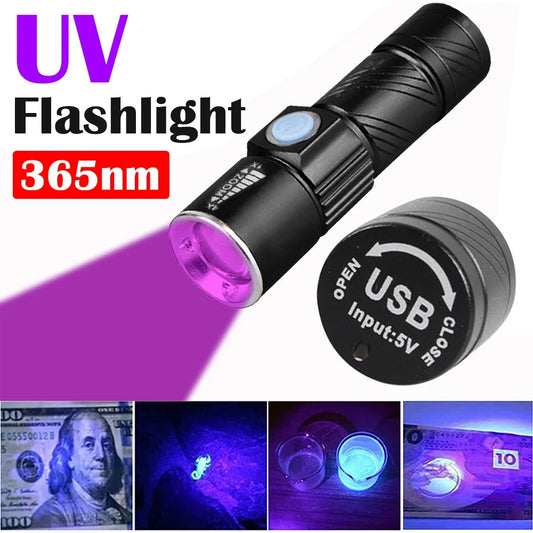 UV Flashlight LED Ultraviolet Torch Zoomable Mini Ultra Violet Lights 395/365nm Inspection Lamp Pet Urine Stain Detector Tools