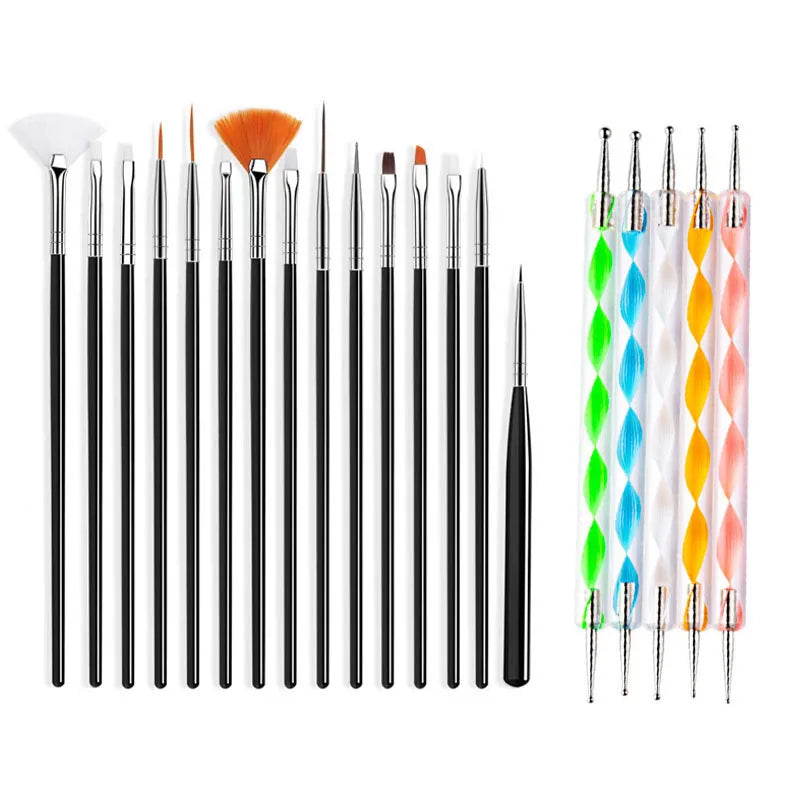 5/20Pcs Nail Art Brush Design Tip Painting Drawing Carving Dotting Pen FlatFan Liner Acrylic Gel UV Polish Manicure Tools