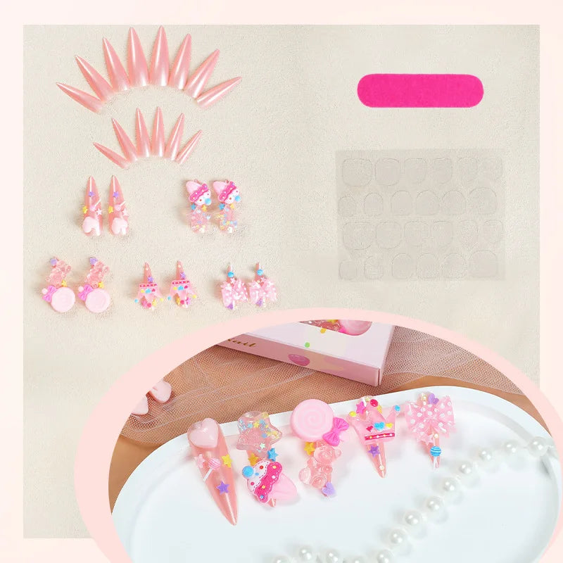 24pcs 3D Resin Candy Bow Star Decor False Nails Long Ballet Pink Press on Nails for Girls Full Cover Wearable Fake Nail Patches