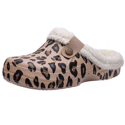 Bebealy Casual Women Garden Shoes Warm Fluffy Men Slippers Winter Waterproof Outdoor Antiskid Slippers Classic Leopard Slippers