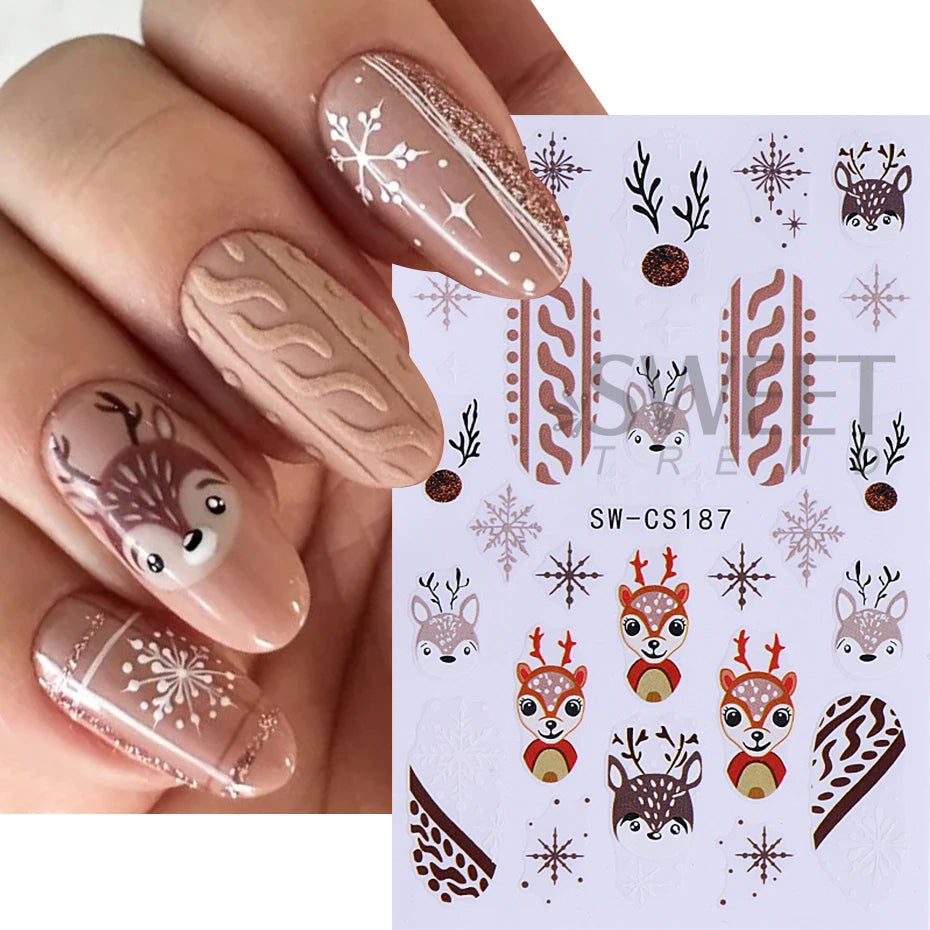 3D Christmas Nail Art Stickers Cute Cartoon Snowman Decals Reindeer Snowflake Lamp Ball Sliders Holiday DIY Manicure Decorations