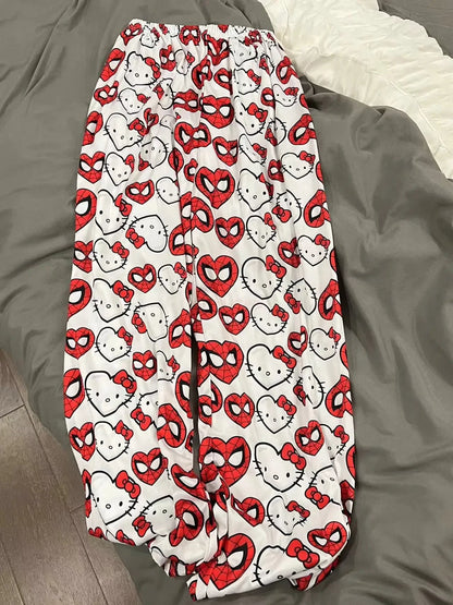 Miniso Spiderman Hello Kitty Cartoon Women's Pajama Long Pants Spring/Summer Edition Home Leisure Couple Pants Sleep Pants