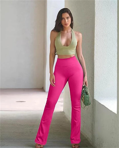 Women's  Yoga Pants Ribbed Seamless Workout High Waist Bell Bottoms Flare Leggings