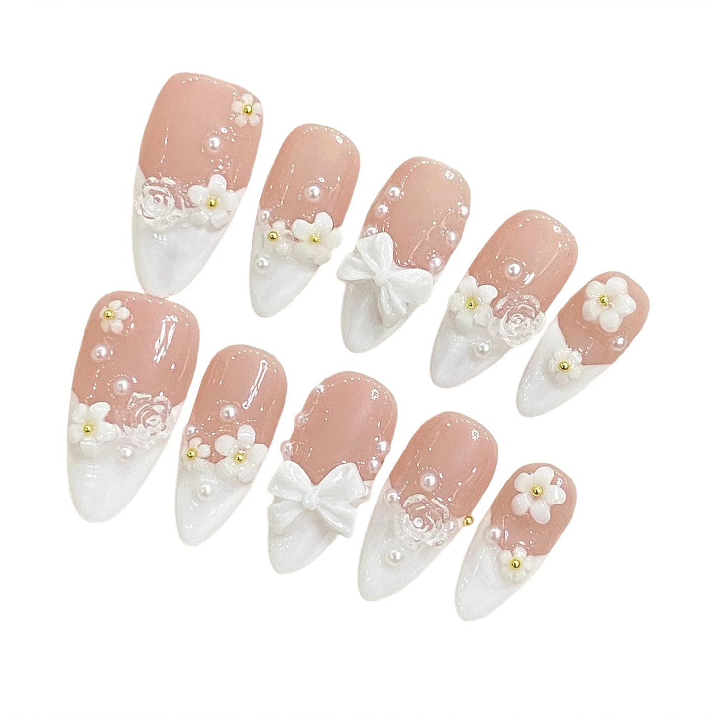 Almond False Nails French Style Handmade White 3D Bowknot Flower Pearl Press On Nail Full Cover Artificial Manicure Nail Tip Art