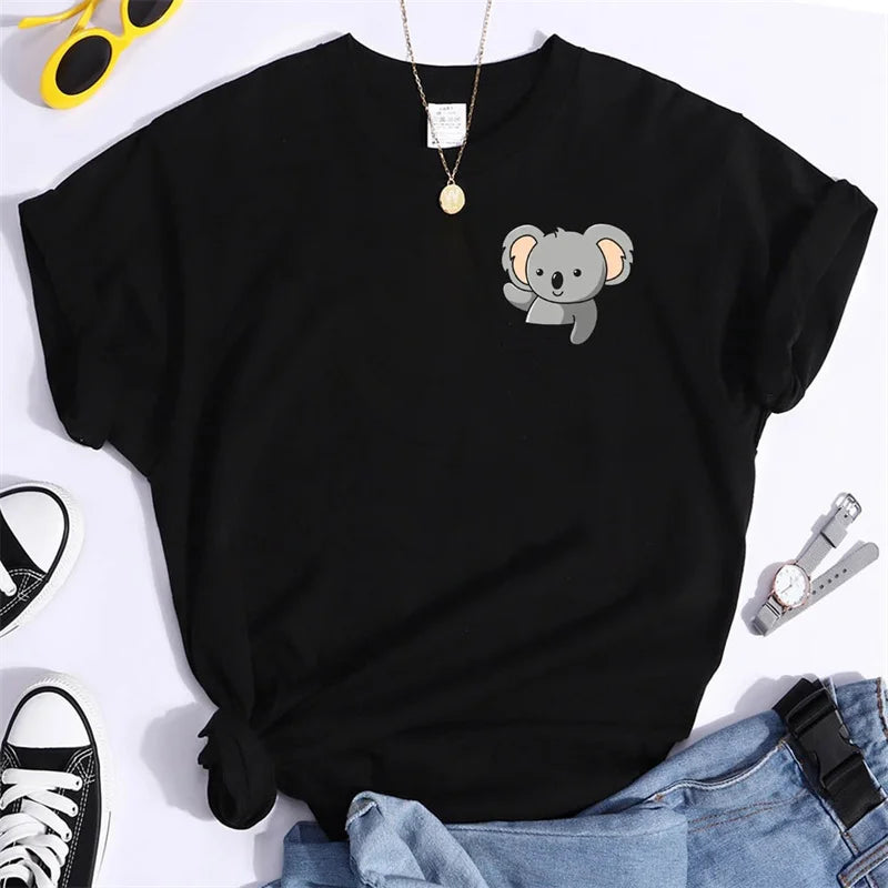 Funny Koala Print T-shrits for Women Summer Tshirts Short Sleeve Cute Kawaii Tees Loose Women's T-shirt Tops Thirt Shirt Femme