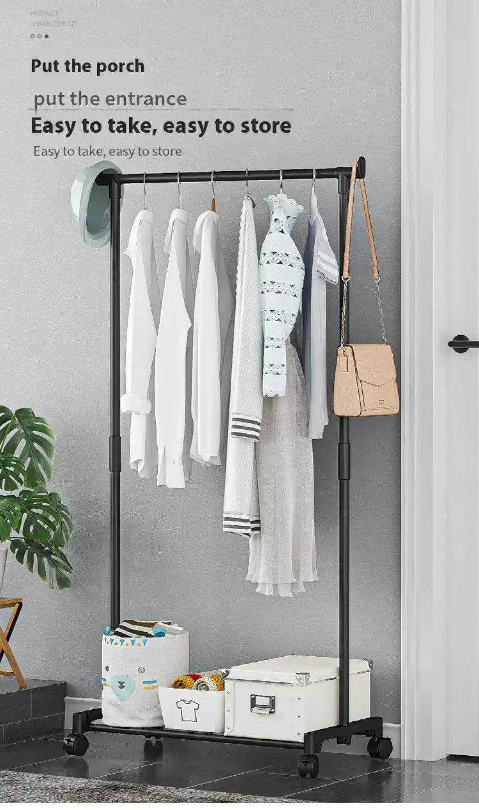 Coat Rack Movable Double Clothes Shelf Simple Rod Clothes  Floor-Standing Bedroom Telescopic Floor Hangers Storage Coat Rack