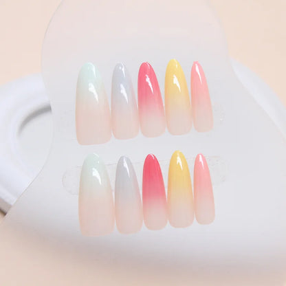 24Pcs Rainbow Almond False Nails with Glue Long Simple Fake Nails French Acrylic Nail Press on Full Over Wearable Nail Tips