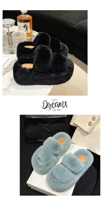 Woman Furry Ladies Fur Luxury Fluffy Plush Slipper House Soft Fuzzy Platform Indoor Casual Winter Home Warm High Heels Female