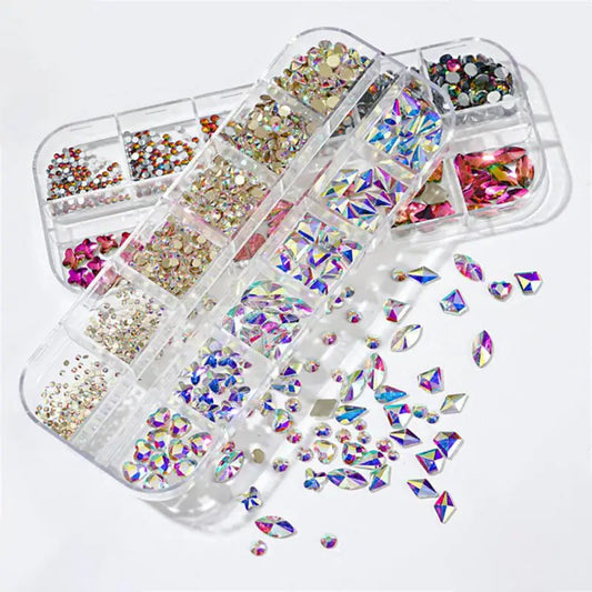 12Grids/Box Crystal Nail Art Rhinestones Glass SS4-SS16 Nail Stones Shiny Flatback 3D Nail Art Decoration