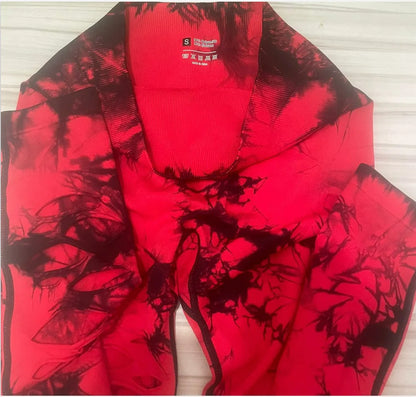 Women Tie Dye Hollow Out Leggings Sports Pants Fitness Sportswear Sexy High Waisted Push Up Gym Tights Red Running Leggings