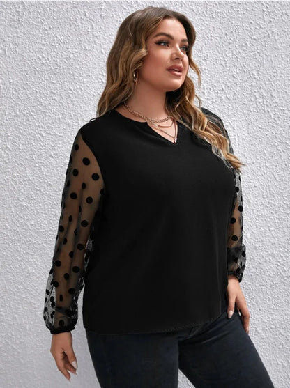 GIBSIE Plus Size Notch Neck Polka Dot Mesh Sleeve Blouse Women 2023 Winter New Black Elegant Office Ladies Tops and Blouses