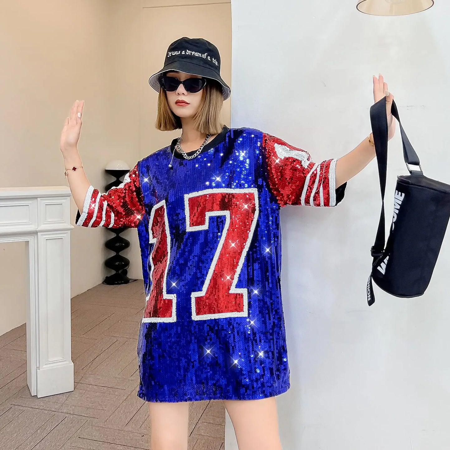 2023 New Sequins Digit Patchwork Round Neck Streetwear Short Sleeve Female T-Shirt Dress Striped Hip Hop Loose Night Club Women