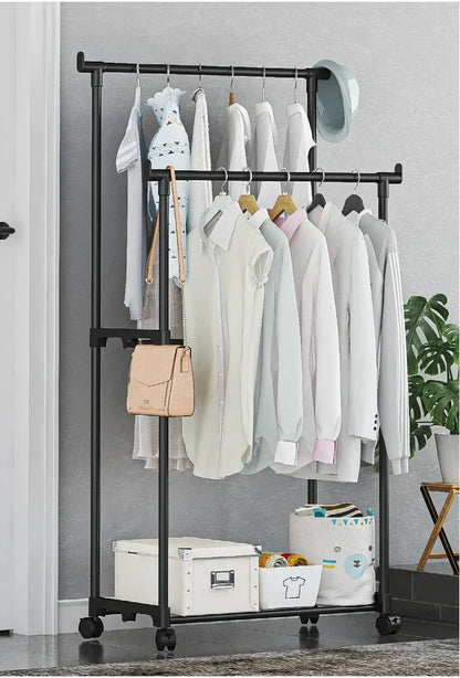 Coat Rack Movable Double Clothes Shelf Simple Rod Clothes  Floor-Standing Bedroom Telescopic Floor Hangers Storage Coat Rack