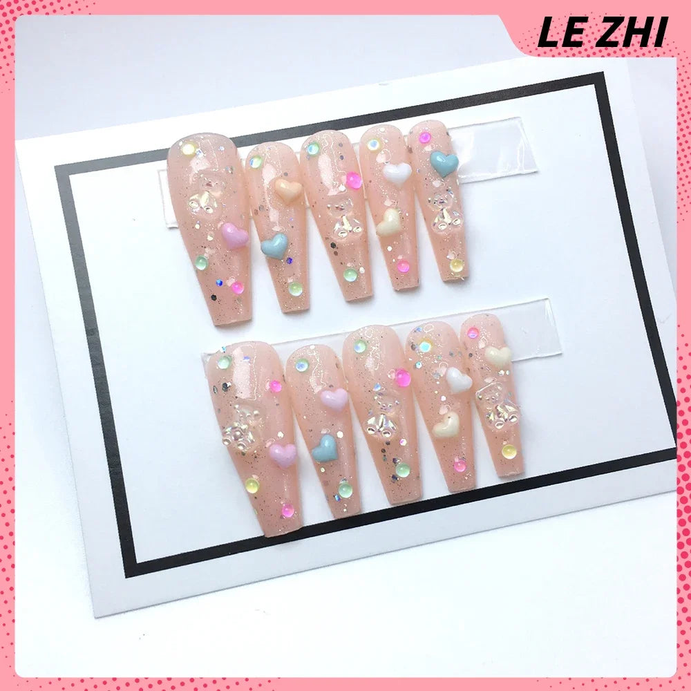 Handmade Press On Nails Hello Kitty Butterfly Rhinestones Full Cover Ballerina Manicuree Decoration Wearable Nail Party Sticker