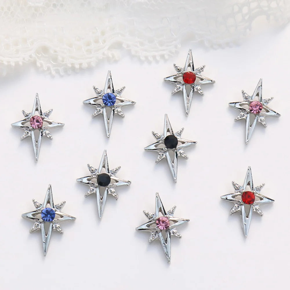 10Pcs 3D Punk Star Nail Art Charms Luxury Shiny Pink Blue Star Moon Nail Crystal Rhinestones Fashion DIY Manicure Accessories