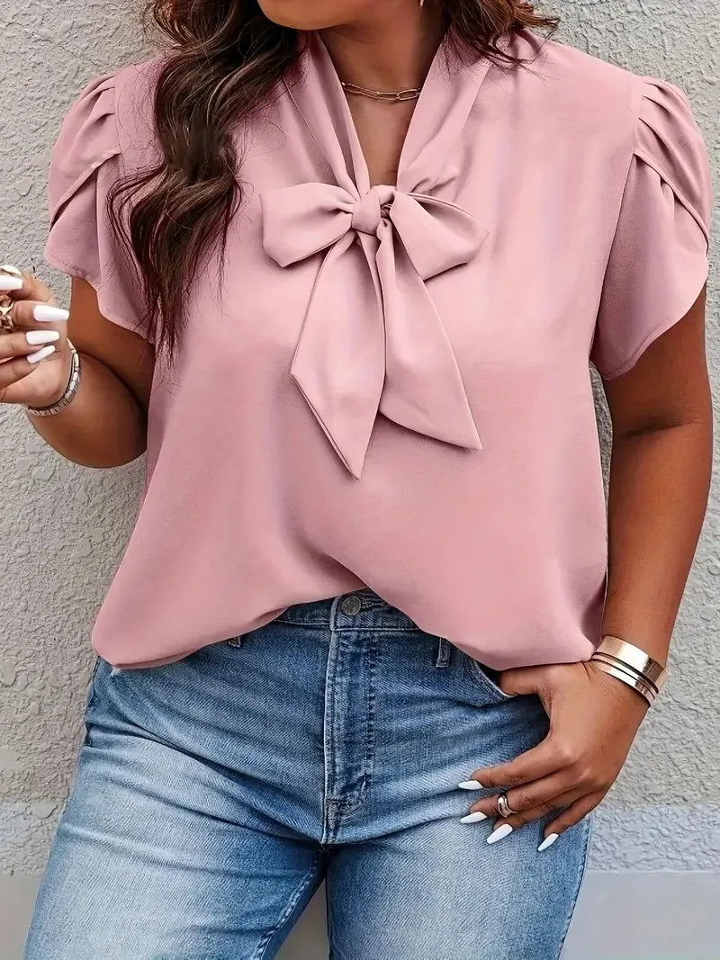 GIBSIE Plus Size Bow Tie Neck Petal Sleeve Top Blouse Women Summer 2024 Solid Elegant Office Ladies Korean Casual Shirt Blouses