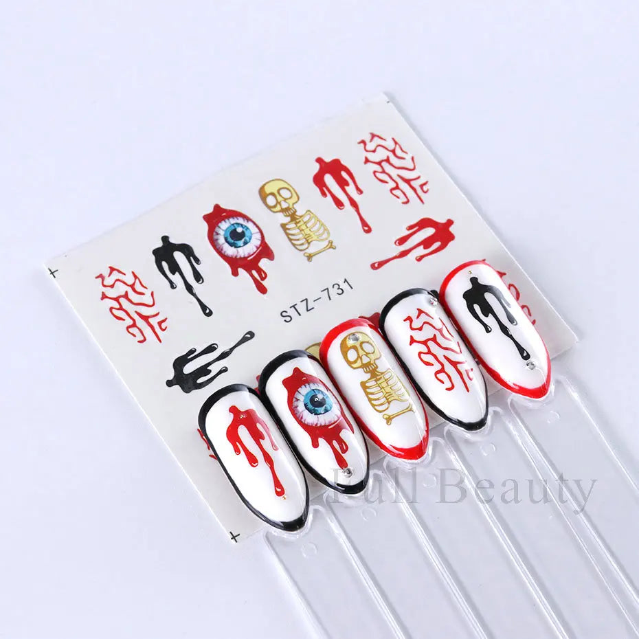 4pcs Clown Skull Bone Nail Stickers Cute Anime Sliders Halloween Water Decals Nail Art Decorations Manicure Wraps LASTZ735-738