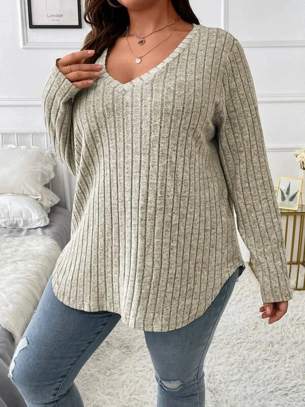 GIBSIE Plus Size Women's Casual V-Neck Long Sleeve Tees Shirt 2024 Spring Autumn Fashion Loose Ribbed Knit Tops for Women