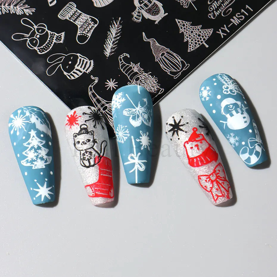 Cartoon Nail Stamping Plate Winter Cute Christmas Penguin Snowman Snowflake Leaf Nail Printing Stencil Templates Manicure Tools