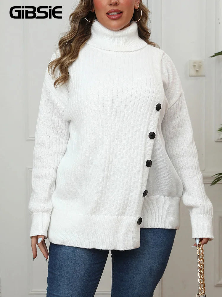 GIBSIE Plus Size Women's Turtleneck Sweater Autumn Winter Drop Shoulder Button Casual Warm Pullover Female White Knitted Jumper