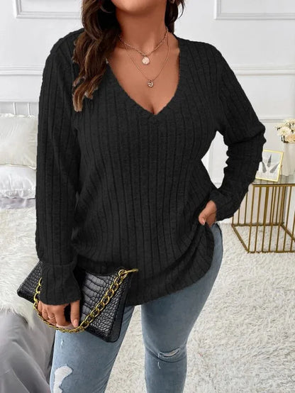 GIBSIE Plus Size Women's Casual V-Neck Long Sleeve Tees Shirt 2024 Spring Autumn Fashion Loose Ribbed Knit Tops for Women