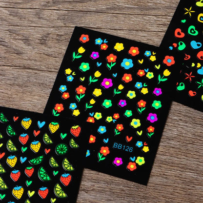 24Sheets Neon Daisy Flowers Nail Art Stickers 3D Fluorescent Floral Design Nail Charms Foils Butterfly Heart Bow DIY Decal Decor