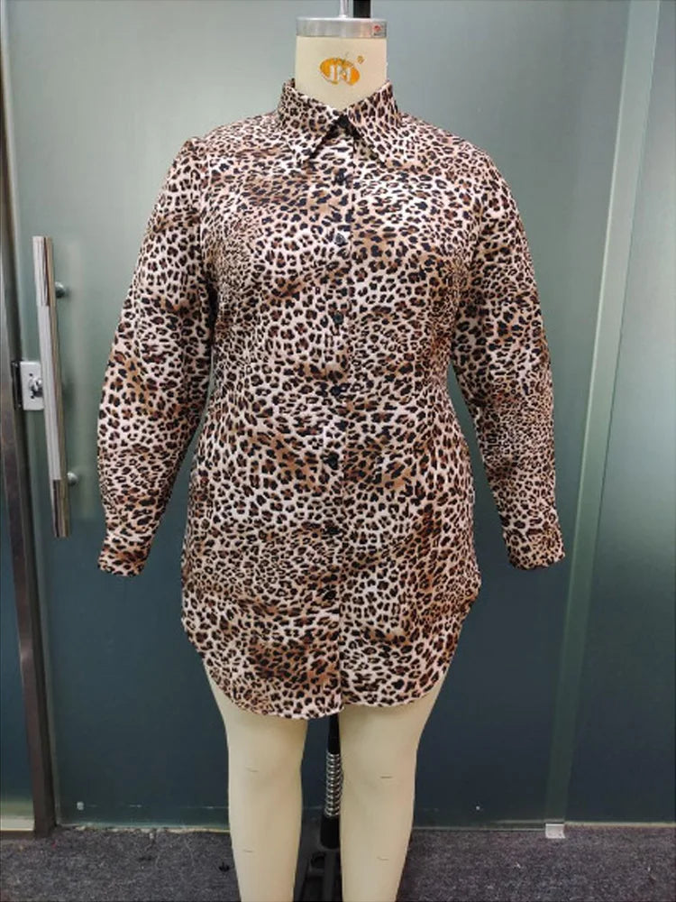 GIBSIE Plus Size Leopard Print Casual Long Shirt Women 2024 Autumn New Fashion Lapel Collar Long Sleeve Button Up Blouses Shirts