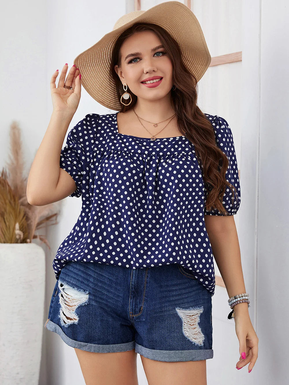 GIBSIE Plus Size Polka Dot Square Neck Puff Sleeve Top Blouse Women Boho 2024 Summer Korean Fashion Loose Blouses 3XL 4XL