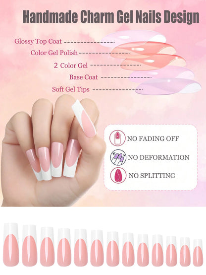 120Pcs Long Press on Nails Square Nude French Fake Nails, Glossy Long False Nails Press Acrylic Stick on Nails for Women Girls