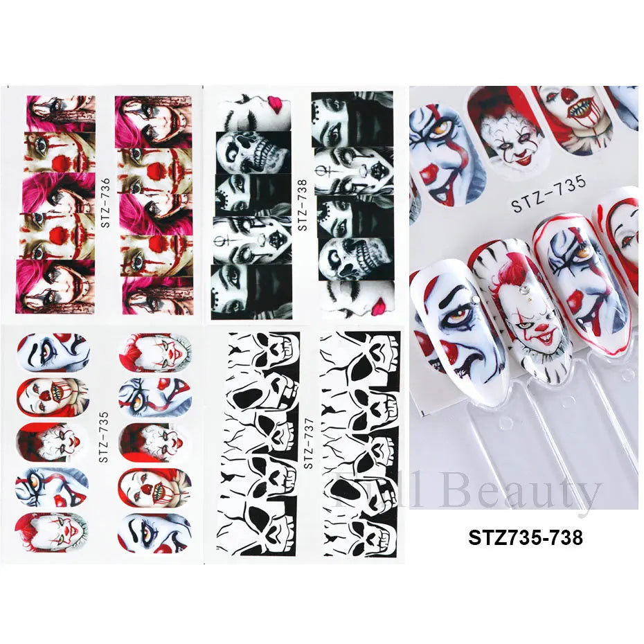 4pcs Clown Skull Bone Nail Stickers Cute Anime Sliders Halloween Water Decals Nail Art Decorations Manicure Wraps LASTZ735-738